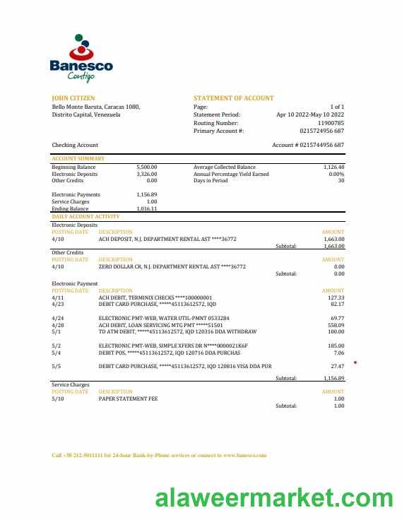 Venezuela Banesco bank statement, Excel and PDF template